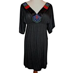 Mon Amie Beaded Neckline Dress Stretch Womens Sz Large Black FT9507 Made in USA